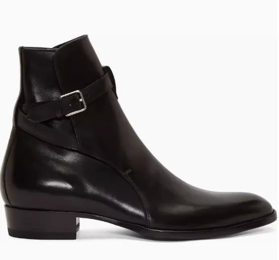 Black Pointed Toe Buckle Strap Ankle Boots Grey Men Hombre Genuine Leather Men Motorcycle Boots For Men Work High Top Men Shoes - Sun Studio
