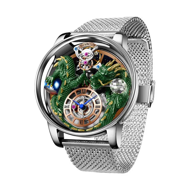 PINDU Design New 3D Dragon Earth Theme Quartz Watches Men Celestial Series Curved Mirror Transparent Design Watch Wristwatches - Sun Studio