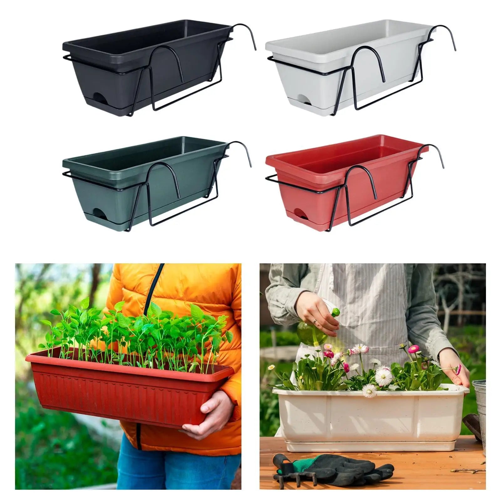Hanging Flower Pot for Fence And Balcony, Flower Box, Flower Pot with Drainage Hole, Removable Tray, 43 X 19 X 15 Cm - Sun Studio