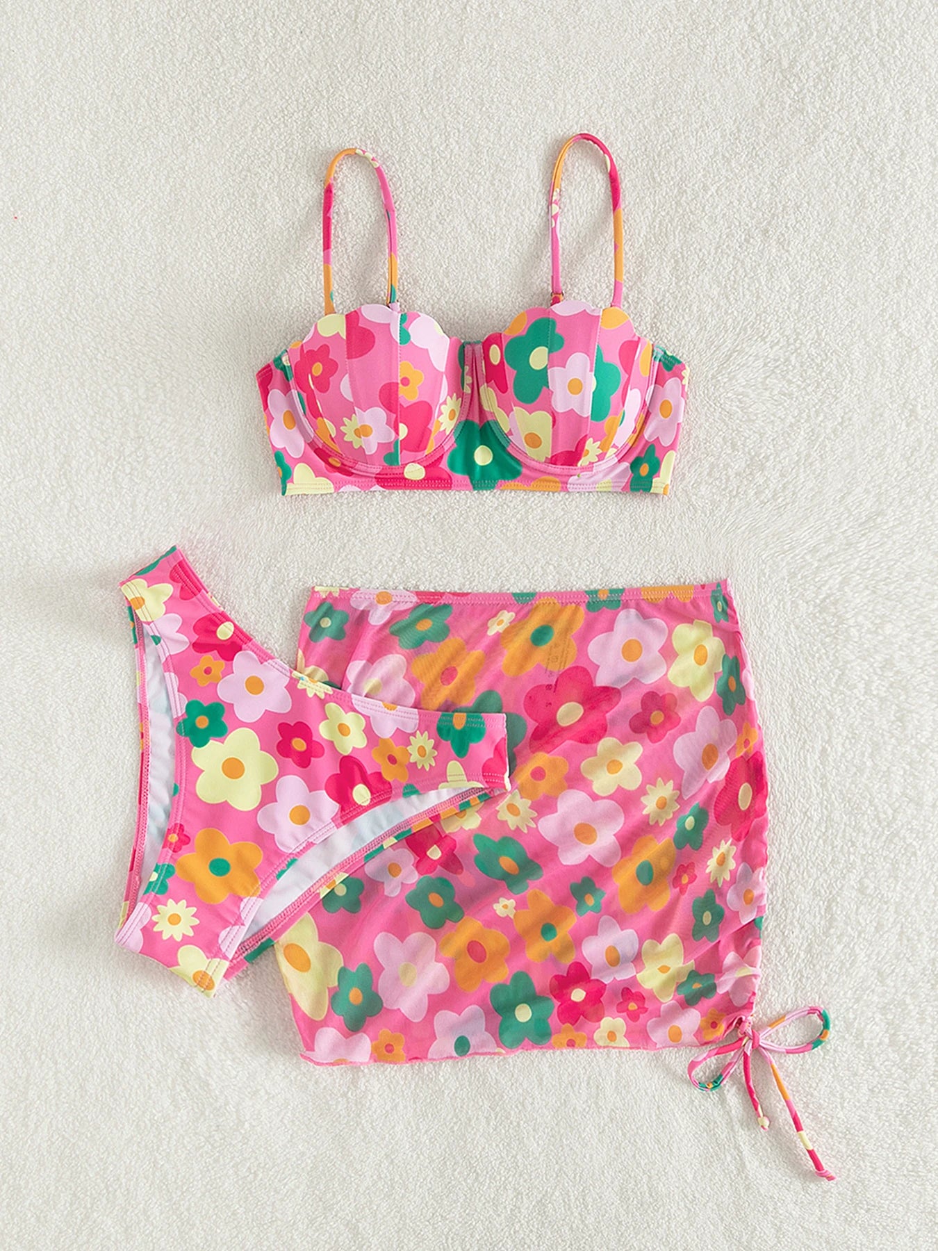 2023 Sexy Floral Print Three Pieces Bikini Set Push Up Swimwear Women Swimsuit Female Bikini And Beach Skirt Bathing Suit Beach - Sun Studio