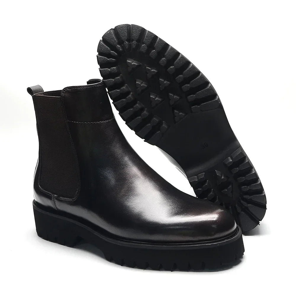 British Style High Top Men's Chelsea Boots Increase Height Classic Luxury Genuine Leather Elastic Band Men Autumn Winter Shoes - Sun Studio