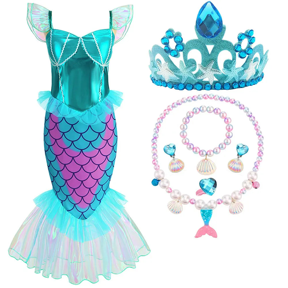 Disney Blue Red Purple Three Colors Mermaid Flying Sleeve Fishtail Beautiful Dress For Girl Summer Beach Party Cool Swimsuit Set - Sun Studio