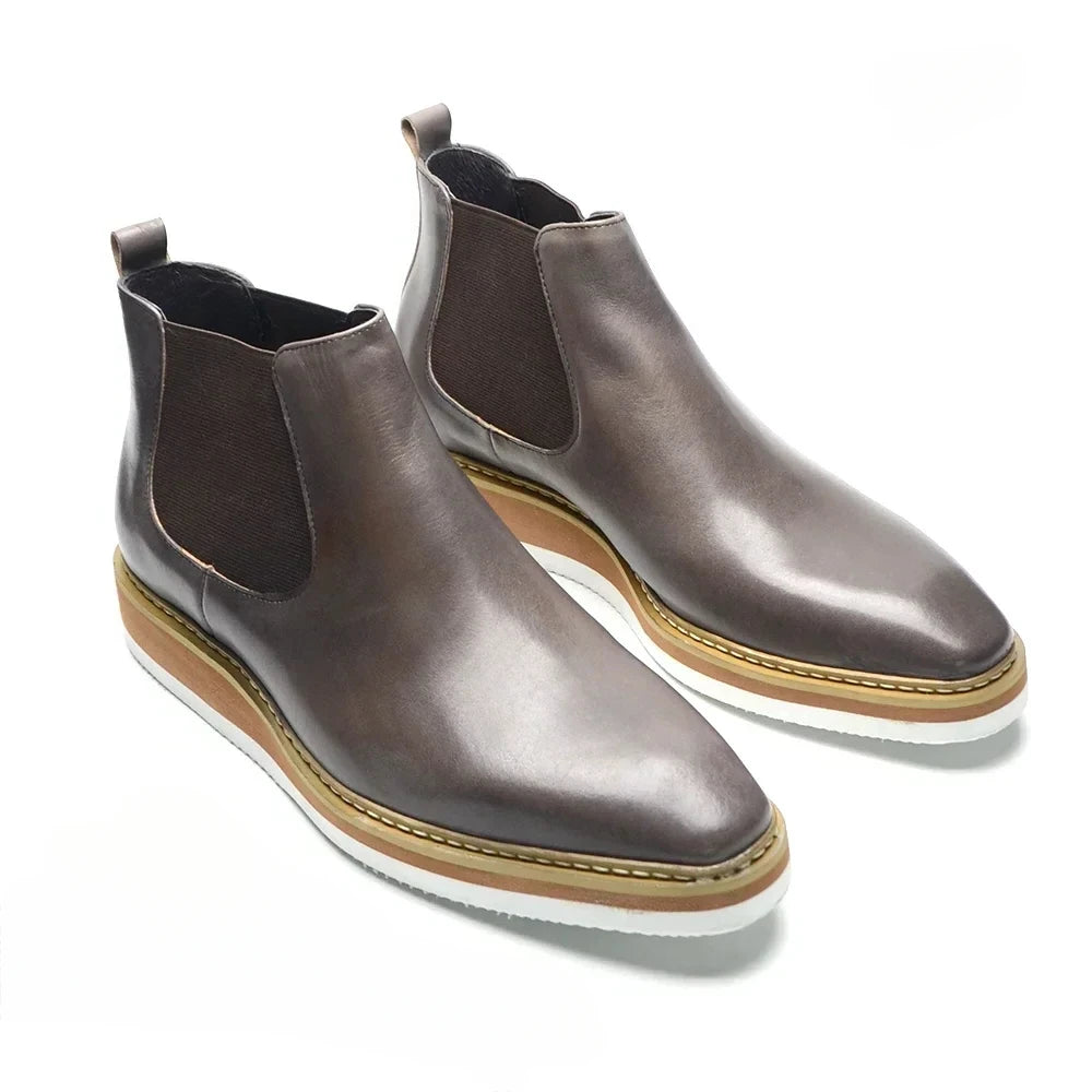 British Style Cow Genuine Leather Men's Chelsea Ankle Boots Slip-on Elastic Band High Top Sneakers Casual Dress Boot for Men