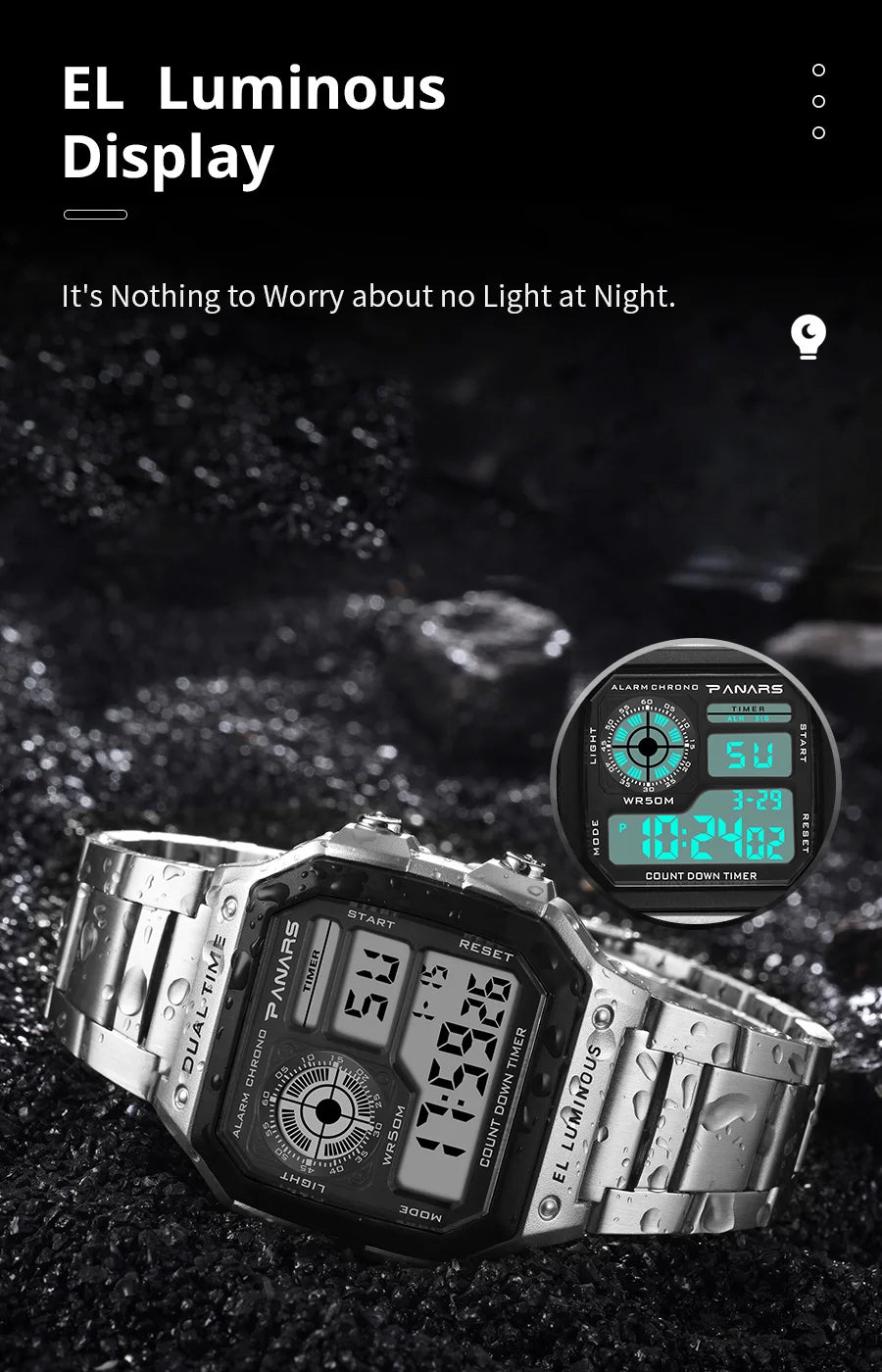PANARS Top Luxury Stainless Steel Strap Sport Watches Mens Waterproof Back Light Digital Wristwatch Male Alarm - Sun Studio