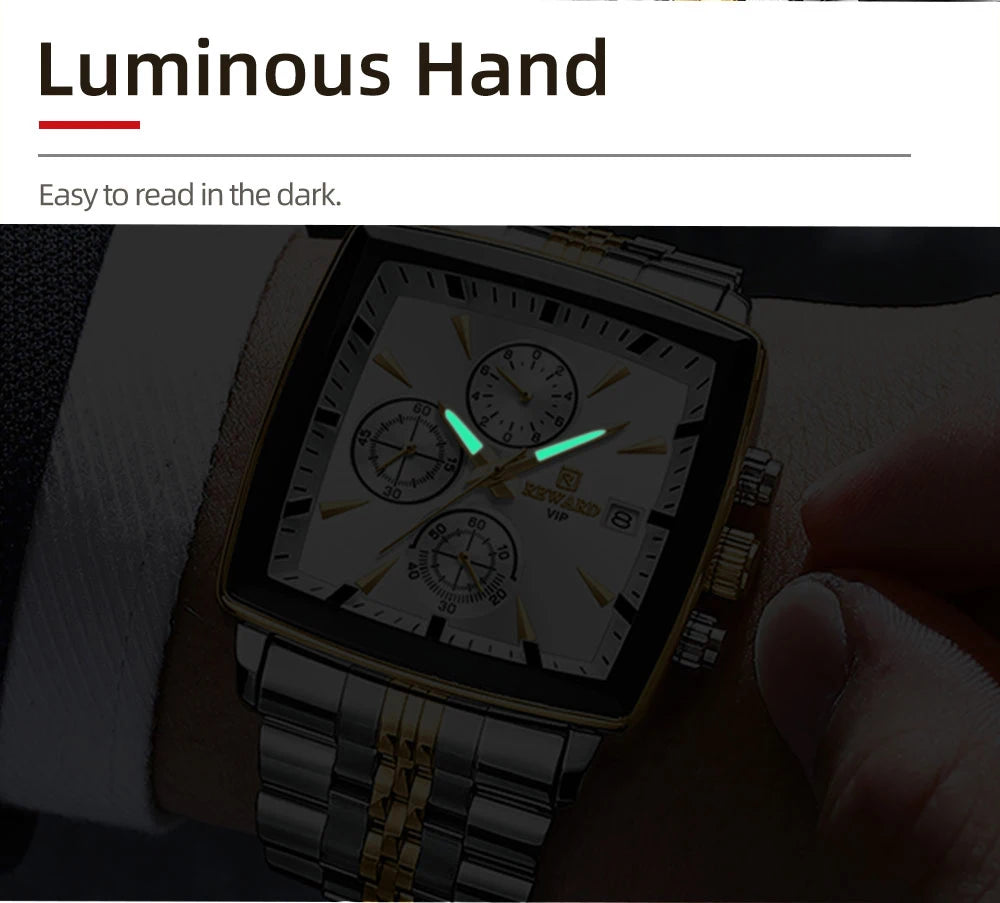 REWARD Fashion Square Dial Watch for Men Stainless Steel Waterproof Quartz Chronograph Mens Watches Luxury Sport Male Clock - Sun Studio