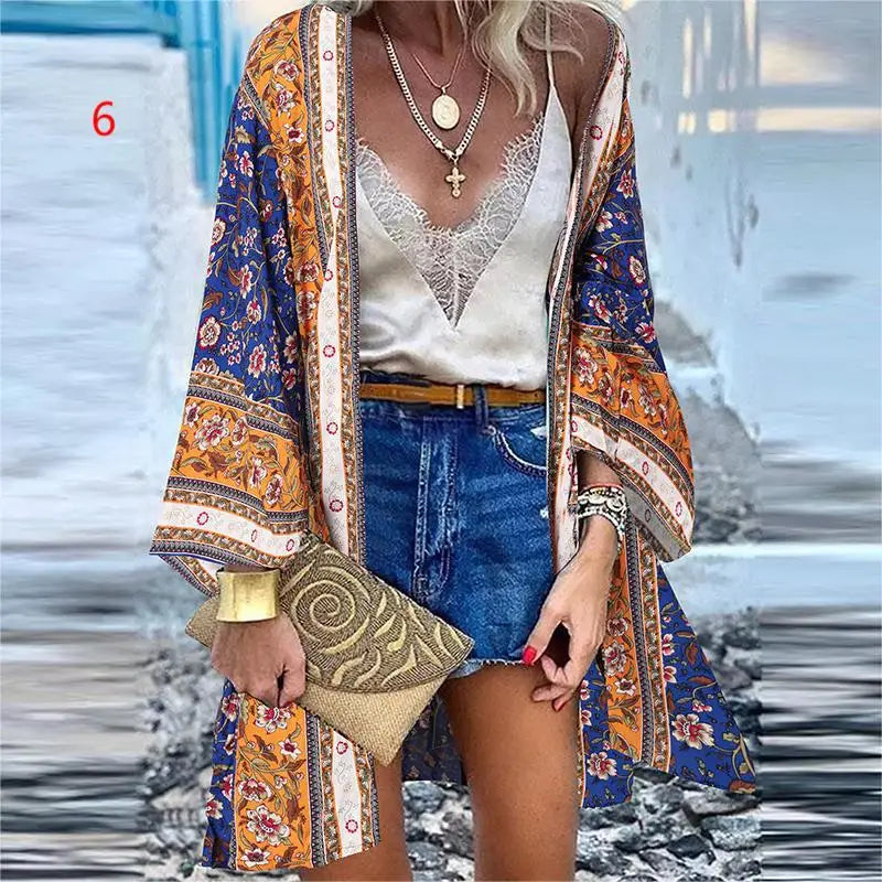 WeHello 2023 Summer Bohemian Casual Cloak Cardigan for Swimsuit woman Beach Swimwear Tops Long Sleeved Shawl Chiffon Shirt - Sun Studio