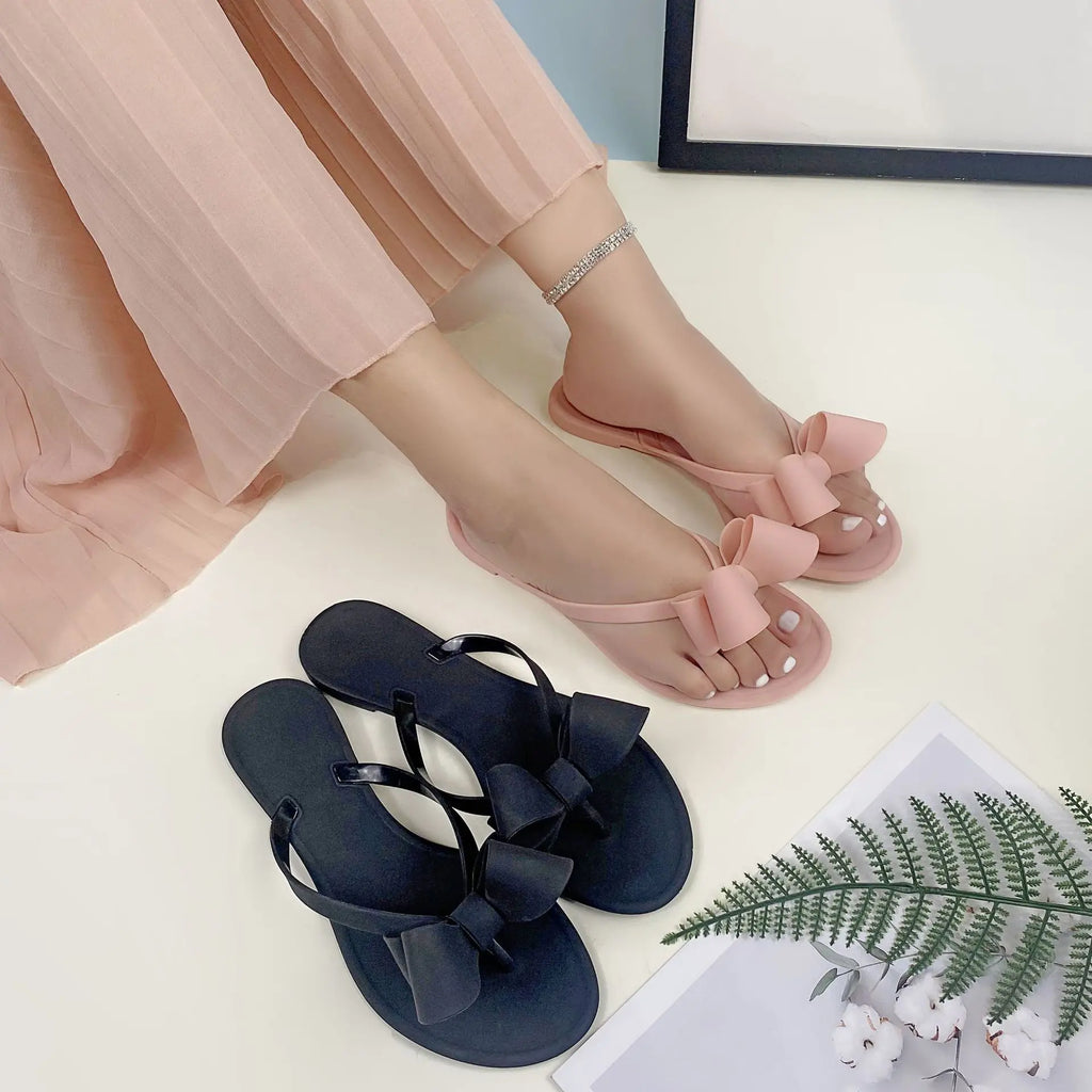 Summer Beach Sandals for Women Slippers New Pure Color Slip on With Bow Tie Adult Flat Bottom Flip Flops Walking Thong Sandals - Sun Studio