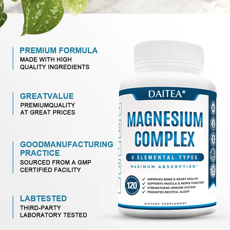 Magnesium Complex Supplement - for Supporting Muscles, Nerves, Heart and Bones, High Absorption Vegetarian Capsules - Sun Studio