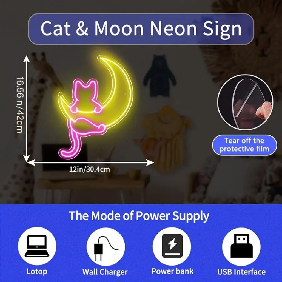 Anime Cat & Moon Neon Sign for Wall Art Arcade Decor, LED Night Lights Home Decor for Game Room Sign,Bedroom, Living Room, Bars - Sun Studio