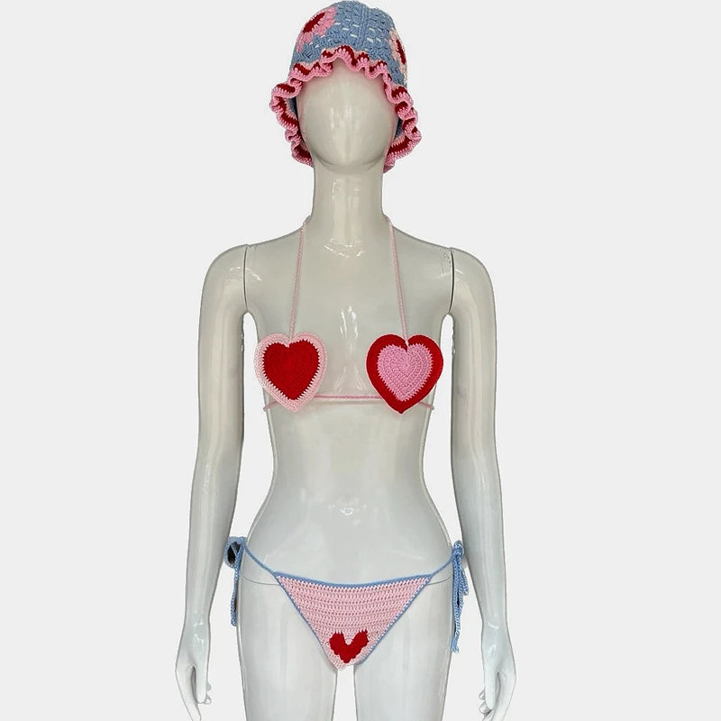 Red Love Heart Crochet Threaded Bikini Set With bucket Hats Handmade Swinwear Bathing Suit Sexy Fashion Swimsuit Vacation Wear - Sun Studio