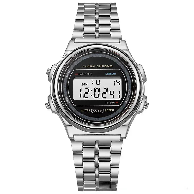Women Casual LED Electronic Watch Man Retro Stainless Steel Watches for Women Unisex LED Digital Watch Multifunction Wristwatch - Sun Studio