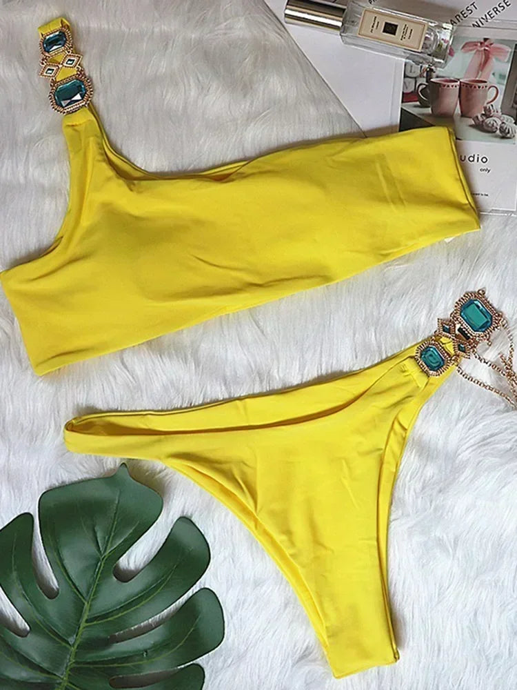 Halter Rhinestone Diamond Bikini Women Swimsuit Female Bikinis Metal Chain Swimwear Two Pieces Bikini Set Bathing Suit Swim Lady