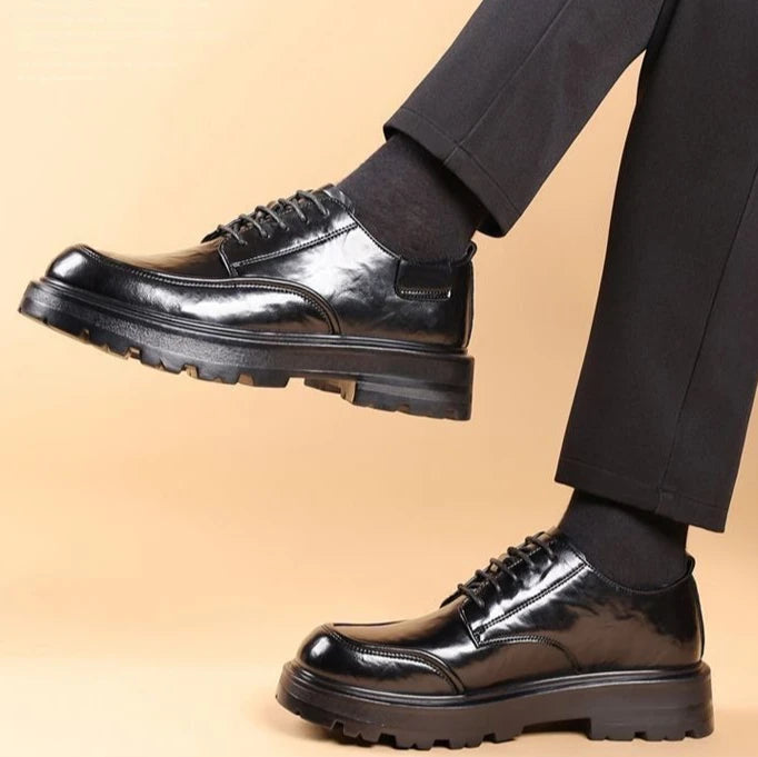 Round Toe Height Increasing Thick Sole Black Leather Shoes for Men Low Price High Quality Social Fashion New in Man Casual Shoe - Sun Studio