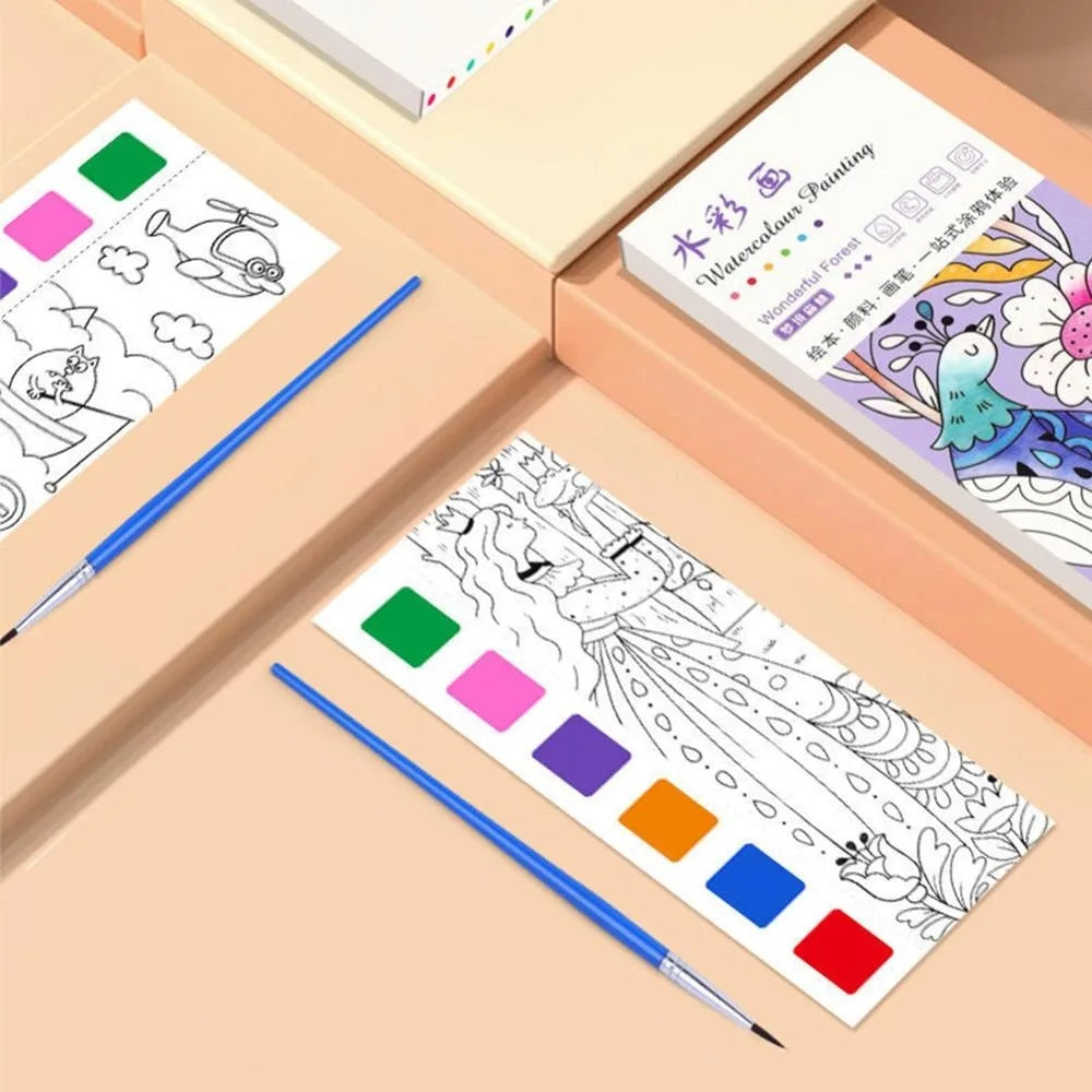 12 Sheets/set Watercolor Painting Book With Paint Brush Gouache Book Portable Kids Graffiti Picture Drawing Stationery - Sun Studio