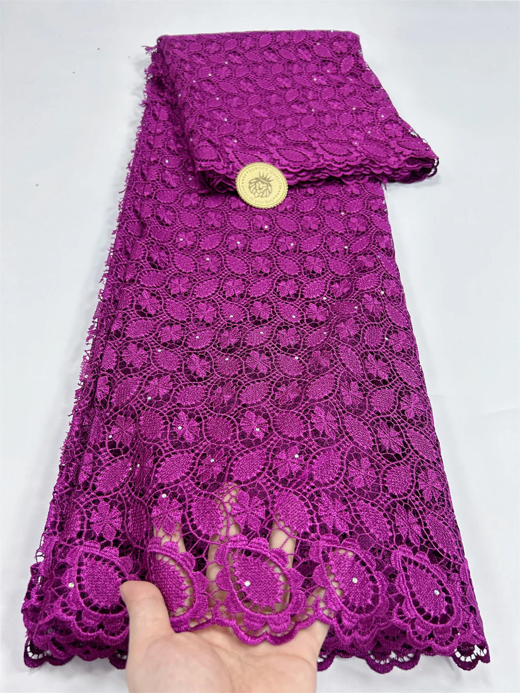 2024 Peach African Guipure Cord Lace Fabric with Stones Chemical Lace Fabric Water Soluble Lace For Women Evening Party Dresses - Sun Studio