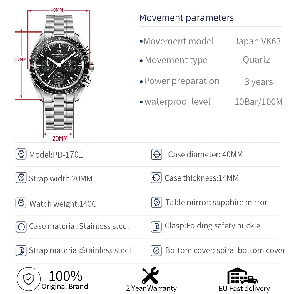 PAGANI DESIGN Moon Watches Men Quartz Watch For Men Auto Date Speed Sport Chronograph AR Sapphire Mirror Wrist watch 2025 New - Sun Studio