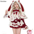 Autumn Winter Christmas Lolita Style 3 Piece Set Women Sweet Plush Bunny Ear Hooded Cloak Coat Bow Mini Dresses Y2k Cosplay Suit - Sun Studio