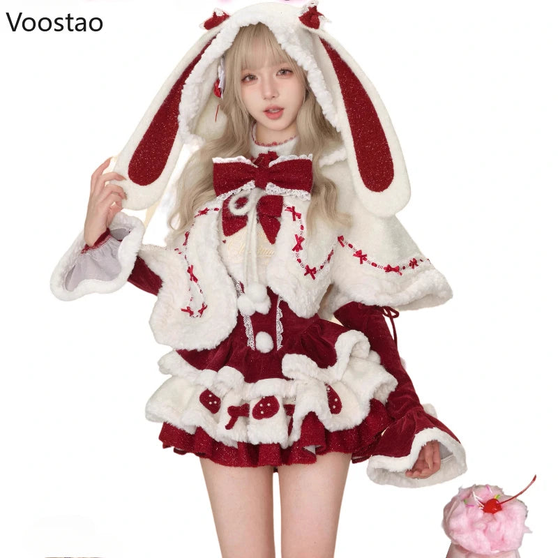 Autumn Winter Christmas Lolita Style 3 Piece Set Women Sweet Plush Bunny Ear Hooded Cloak Coat Bow Mini Dresses Y2k Cosplay Suit - Sun Studio