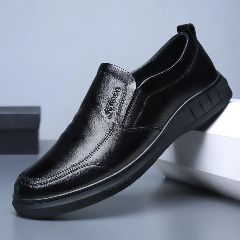 Pure Black Casual Men's Shoes Slip-On Driving Soft Bottom Anti-Slip Leather Shoes Breathable round Toe Flat Heel PVC Outsole - Sun Studio