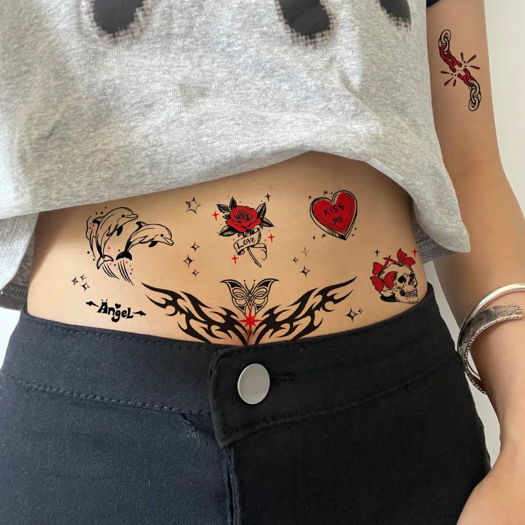 Y2K Realistic Temporary Tattoos - 10 Sheets| Girly 2000s Bachelorette, Birthday Favors, Halloween Party Accessory, Fake Tats, - Sun Studio