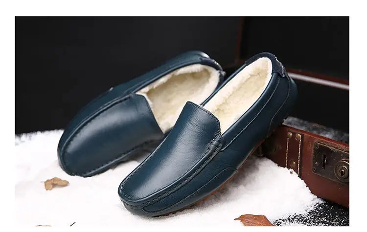 Winter Fur Loafers Men Casual Shoes Cotton Leather Dress Shoes Slip-on Flats Plush Man Moccasins Fleece Lined Driving Shoes