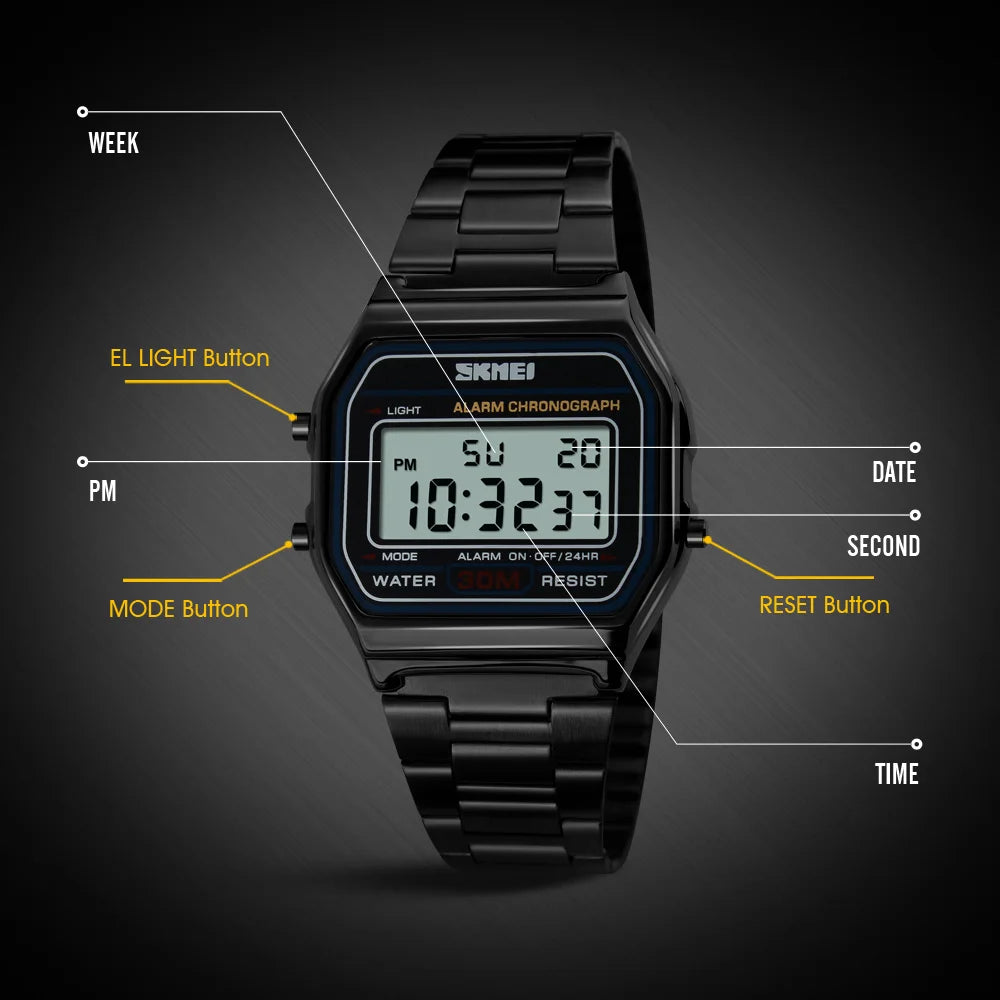 SKMEI Stainless Steel Strap Electronic Watches For Men Women Casual Sport Waterproof LED Display Digital Wristwatch and Bracelet - Sun Studio