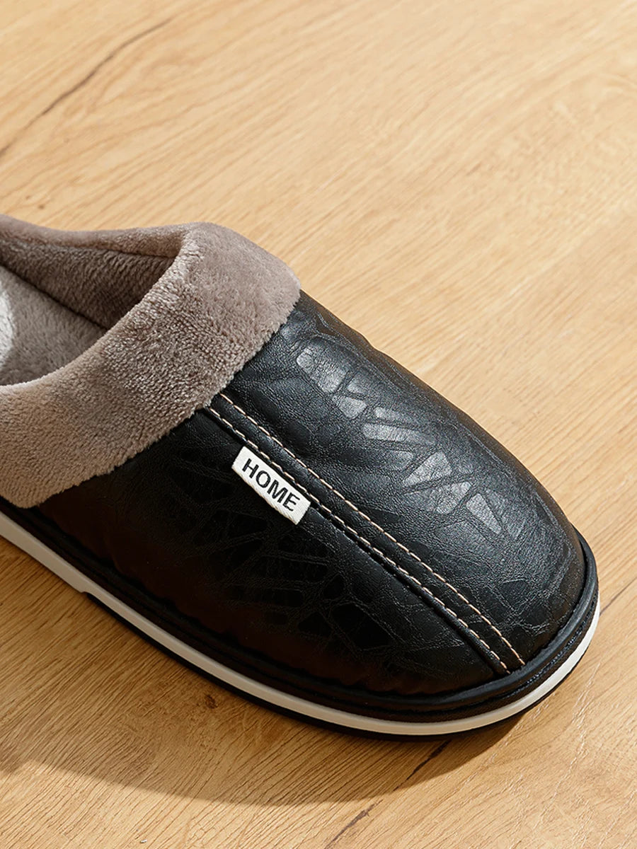 PU Leather Big Sizes Men slippers Indoor Waterproof Fur Flat Men's Winter Home Slipper Cotton Bedroom Houseshoes - Sun Studio