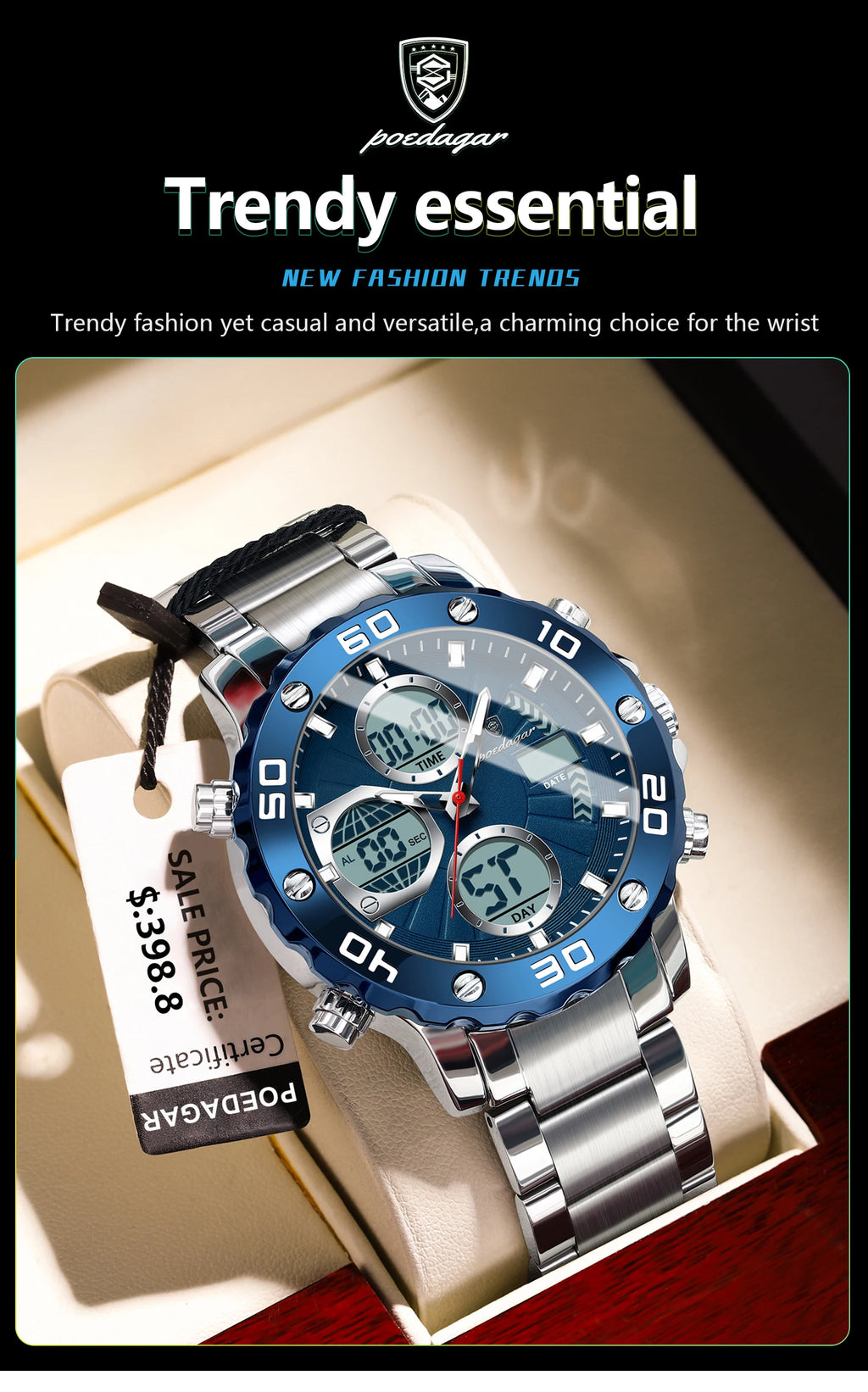 POEDAGAR Military Men's Quartz Wristwatch LED Alarm Dual Display Men Watch Electronic Waterproof Outdoor Sports Watches for Men - Sun Studio