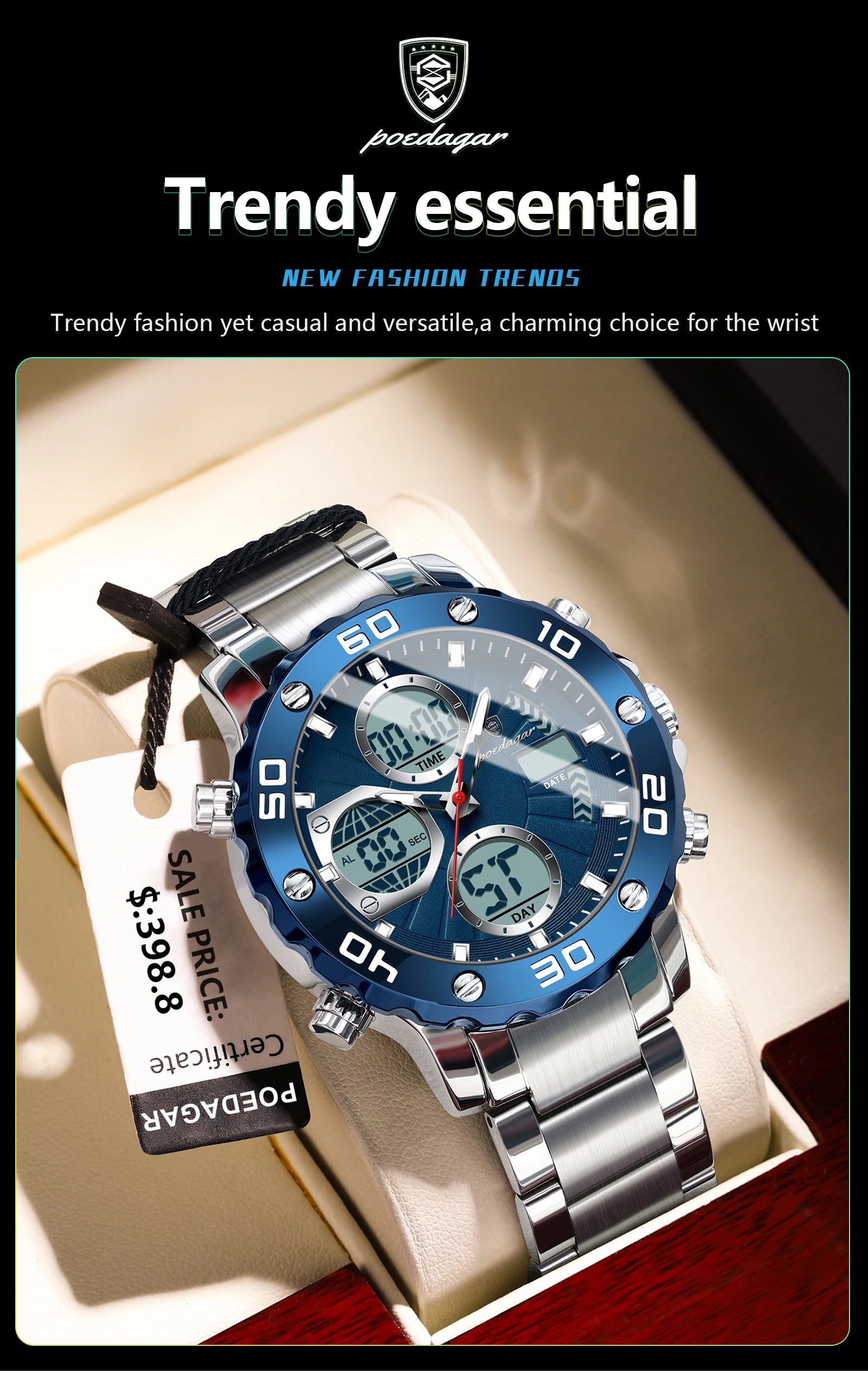 POEDAGAR Military Men's Quartz Wristwatch LED Alarm Dual Display Men Watch Electronic Waterproof Outdoor Sports Watches for Men - Sun Studio