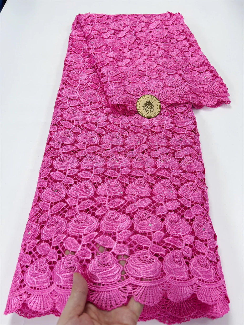 2024 Peach African Guipure Cord Lace Fabric with Stones Chemical Lace Fabric Water Soluble Lace For Women Evening Party Dresses - Sun Studio