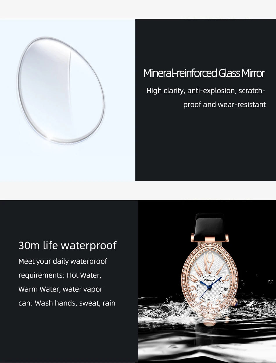 Luxury Watch For Women Diamond Waterproof Quartz Ladies Watches Fashion Elegant Oval Calendar Wristwatche Leather Strap - Sun Studio