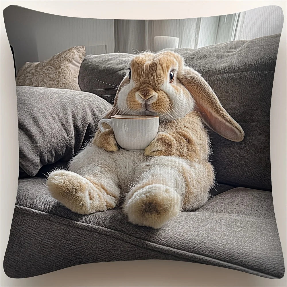 Adorable Bunny with Coffee Cup Print Pillowcase - Home Decor, Perfect for Living Room and Bedroom, Ideal Gift for Animal Lovers - Sun Studio
