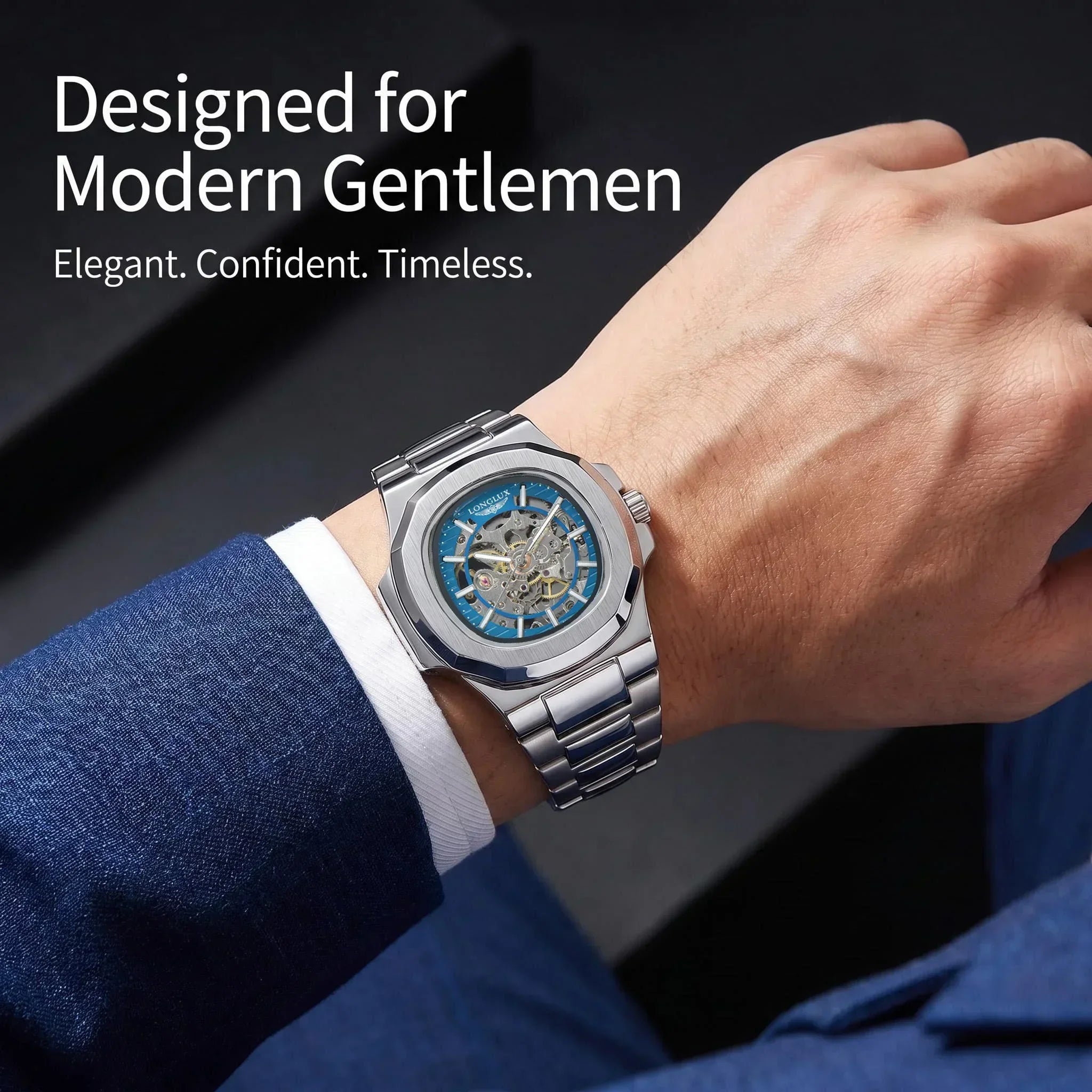 LONGLUX Men automatic mechanical watch luxury watches waterproof skeleton business cheap wholesale stainless steel gift watch - Sun Studio