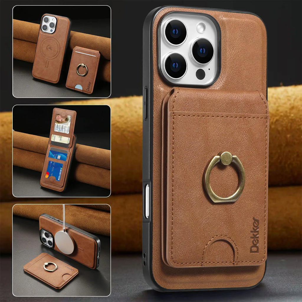 2 in 1 Detachable Vertical Cards Solt Ring Holder Wallet Leather Case For iPhone 16 Pro Max 15 Plus 14 13 12 Magnetic Bag Cover - Sun Studio