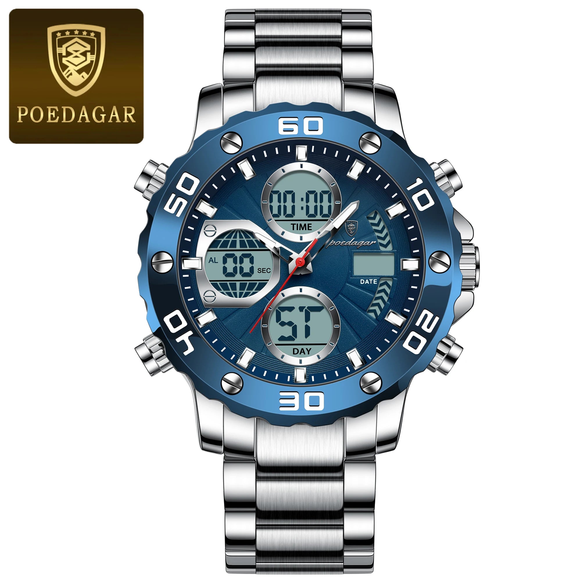 POEDAGAR Military Men's Quartz Wristwatch LED Alarm Dual Display Men Watch Electronic Waterproof Outdoor Sports Watches for Men - Sun Studio
