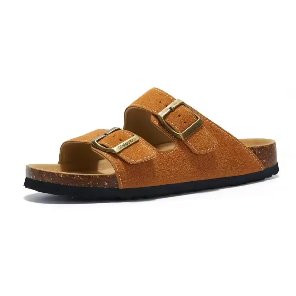 Summer Faux Suede Leather Cork Slippers Flip-flops Women Men Unisex Retro Wear Muller Slippers Fashion Casual Beach Sandals