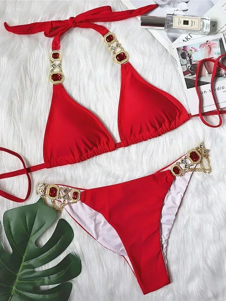 Halter Rhinestone Diamond Bikini Women Swimsuit Female Bikinis Metal Chain Swimwear Two Pieces Bikini Set Bathing Suit Swim Lady - Sun Studio