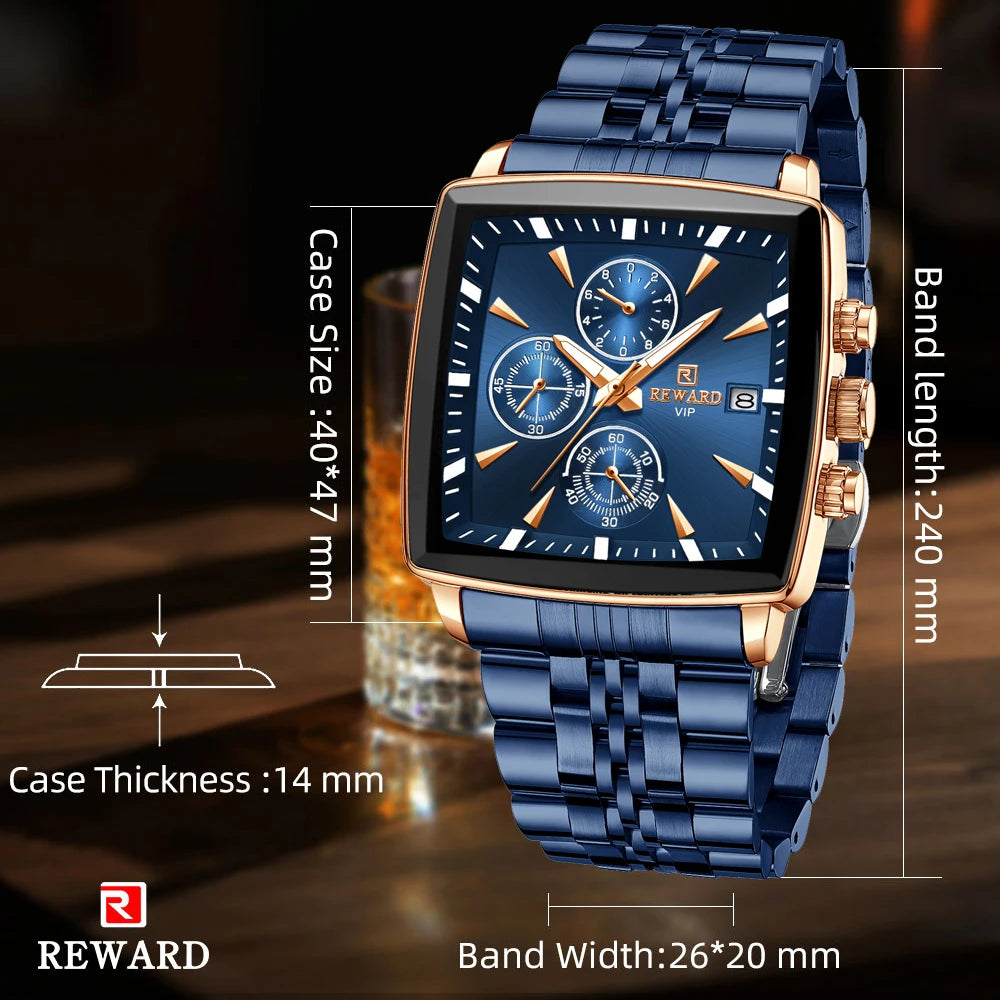 REWARD Fashion Square Dial Watch for Men Stainless Steel Waterproof Quartz Chronograph Mens Watches Luxury Sport Male Clock - Sun Studio