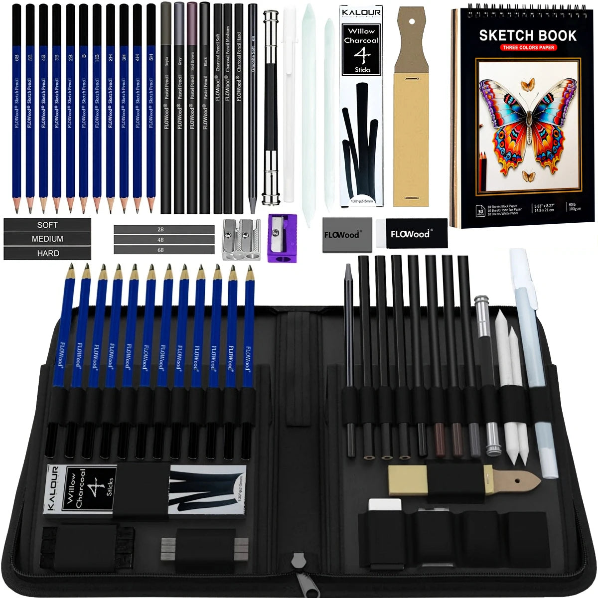 42/73/146 Pack Drawing Sketching Set, with 3-Color Sketchbook, Graphite, Charcoal Pencil, Ideal for Shading, Blending - Sun Studio
