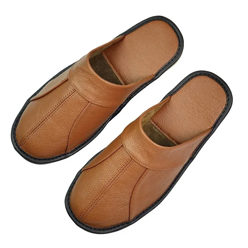 Men's Luxury Cow Split Leather Handmade Men Home Slippers Spring Slip on Soft Comfortable Black Brown Bedroom Indoor Flat Shoes - Sun Studio