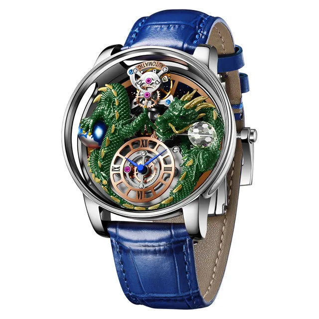 PINDU Design New 3D Dragon Earth Theme Quartz Watches Men Celestial Series Curved Mirror Transparent Design Watch Wristwatches - Sun Studio