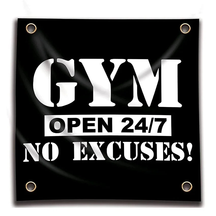 GYM Open 24/7 No Excuses Flag 3X3 FT Motivational Home Gym Tapestry For Decor Bedroom Room Dorm Wall With Four Brass Grommets - Sun Studio