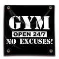 GYM Open 24/7 No Excuses Flag 3X3 FT Motivational Home Gym Tapestry For Decor Bedroom Room Dorm Wall With Four Brass Grommets - Sun Studio