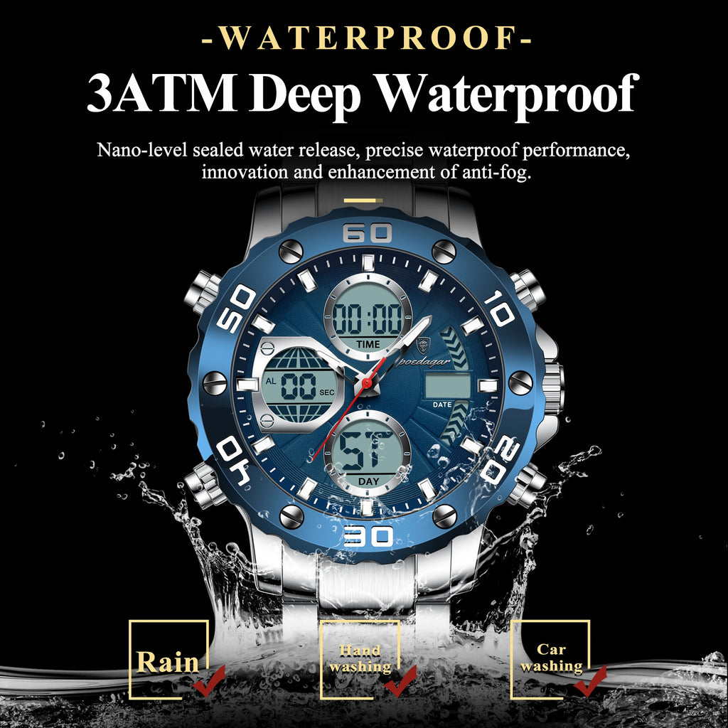 POEDAGAR Military Men's Quartz Wristwatch LED Alarm Dual Display Men Watch Electronic Waterproof Outdoor Sports Watches for Men - Sun Studio