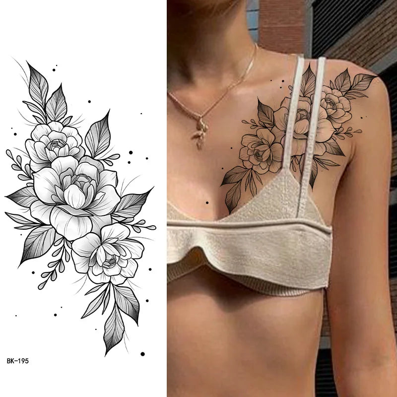 Black White Temporary Transfer Tattoos Floral Butterfly Lettering Line Art Waterproof Body Stickers for Music Festival Party
