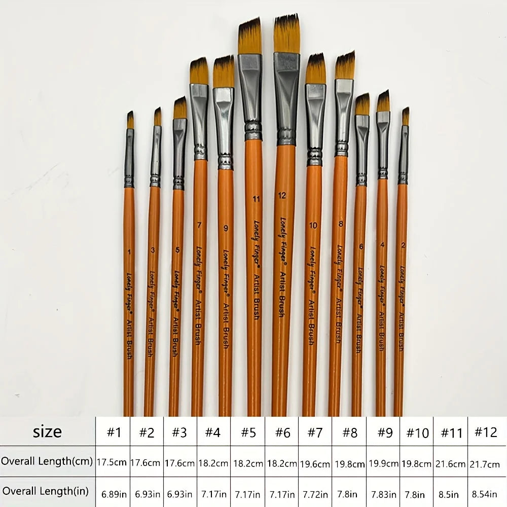 12pcs Premium Angular Paint Brushes - High-Quality Nylon Hair Angled Watercolor Brushes for Acrylics, Watercolors, Gouache - Sun Studio