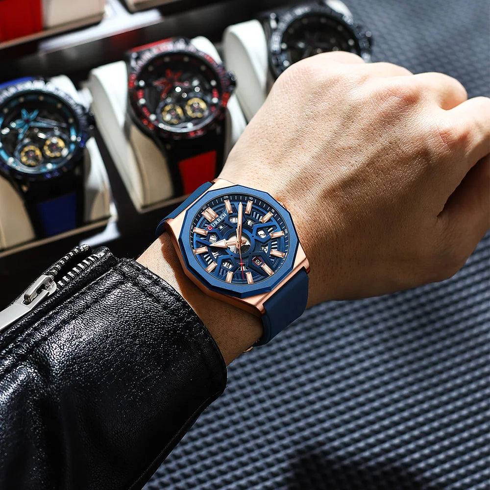 CURREN Fashion Creative Design Watches Men Quartz Silicone Strap Date Wristwatches for Male Clock with Luminous Hands - Sun Studio