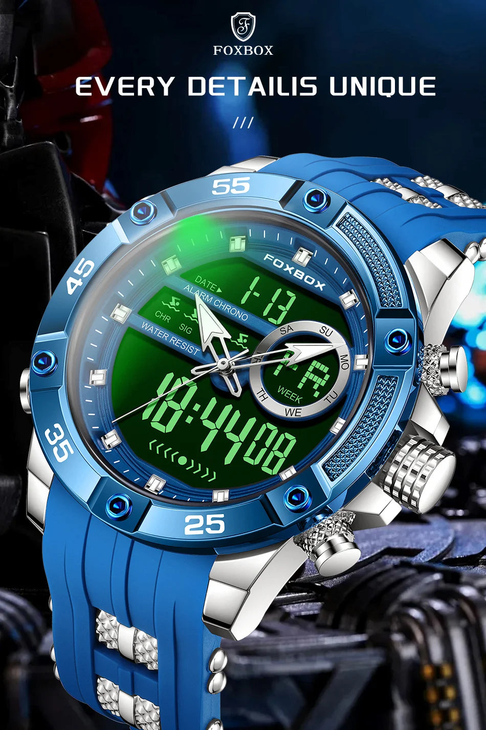 FOXBOX LED Dual Display Quartz Watch Soft Silicone Waterproof Luminous Digital Date Mens Watches Fashion Chronograph Man Watch - Sun Studio