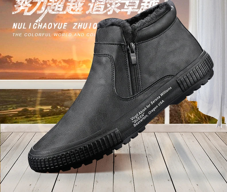 Man Winter Warm Leather Boots Warm Plush Inside High Tops Casual Shoes Slip on Keep Warm Thick Fur Men's Platform Ankle Boots - Sun Studio