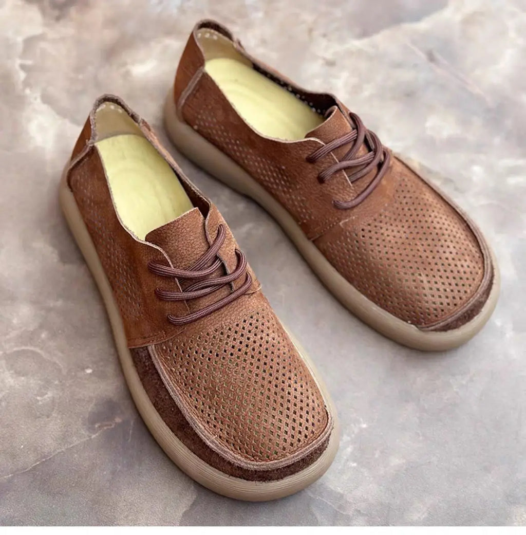 Wide toe hollow natural leather shoes men's 2025 summer new cowhide punched breathable soft leather soft sole singlecasual shoes - Sun Studio
